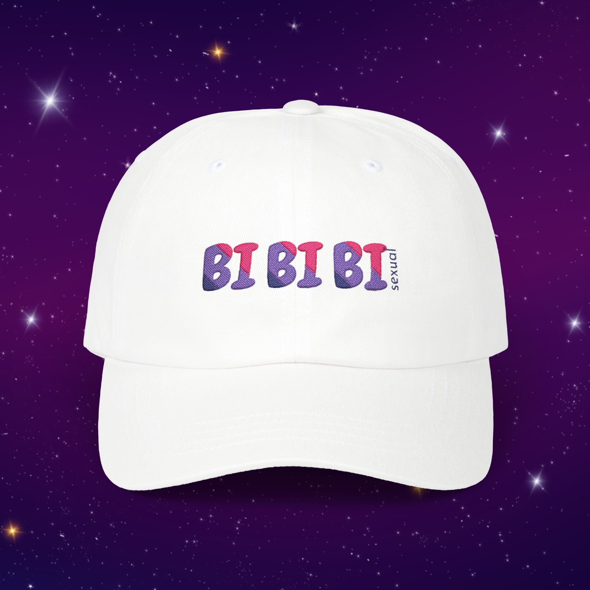 Bi Bi Bi - Punny Bisexual Pride Baseball Hat with Heart Embroidery